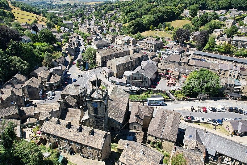 Holmfirth town centre West Yorkshire, England  drone aerial view